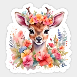 A baby deer decorated with beautiful watercolor flowers Sticker